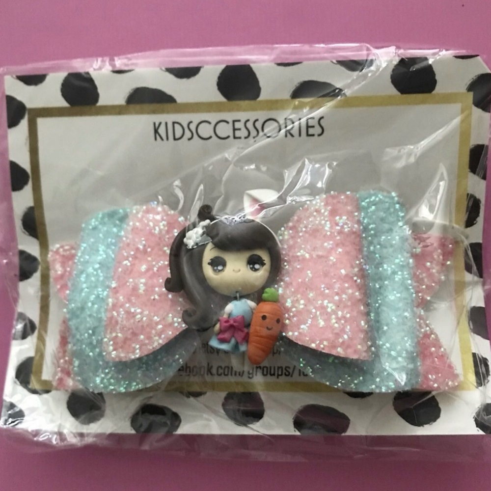 Pink & Light Blue Glitter Bow Hair Clip with Cute Doll Charm